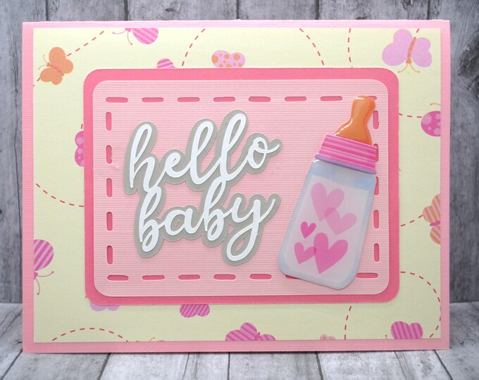 Hello Baby Greeting Card: Pink and Yellow, Butterflies, Bottle