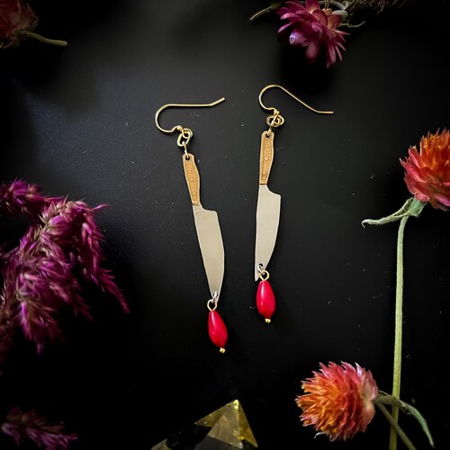 Two tone knife earrings with red coral earrings part of the halloween shops update