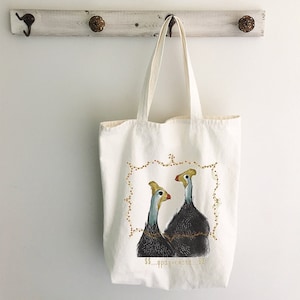 Guinea fowl tote bag, handmade shoulder bag, Canvas shopping bag, Made in Greece, Φραγκόκοτα.