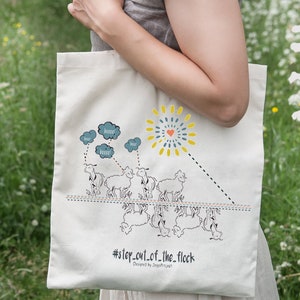 Greek nature tote bag, Animal shoulder bag made in Greece, Sheep painting tote bag canvas. Step out of the flock quote. image 1