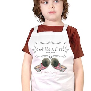 Kids apron personalized made in Greece, TSAROUCHI design on kids apron, Cook like a Greek saying on apron for kids, Greek cuisine lovers image 1