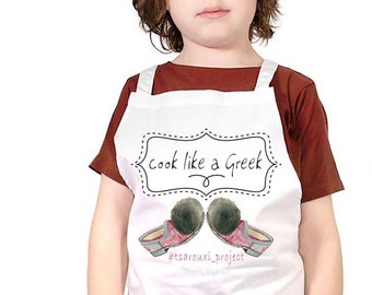 Kids apron personalized made in Greece, TSAROUCHI design on kids apron, Cook like a Greek saying on apron for kids, Greek cuisine lovers