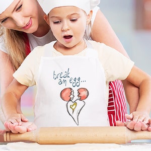 Break an egg kids apron, Love eggs design for child' s apron, Cotton cooking apron for girls, Funny quote apron for kids, Made in Greece image 1