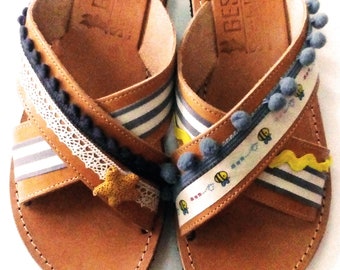 Women boho sandals made in Greece – Flat shoes laces round decorated with pompom and tassel make cute summer sandals handmade gift for her