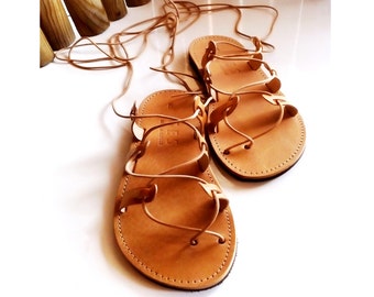 Ancient Greek shoes for women - Gladiator sandals with ties make nice beach gift for best friend. Lace up sandals made of genuine leather