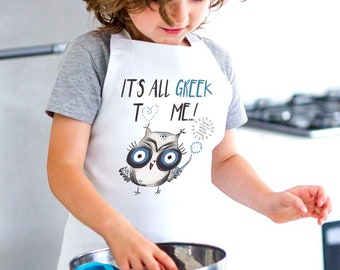 Greek kids gift, It's all Greek to me gift, Owl Apron kids from Greece, Made in Greece souvenir, Greekamerican product, Children apron white