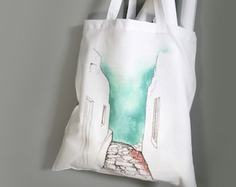 Santorini tote, greek tote bag, santorini art, greek island art, Shopping bag, printed totes, tote bag for book, tote bag for bachelorette