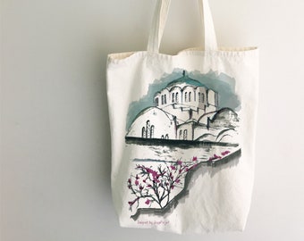 Greek gifts unique, Greece Santorini cotton bag, Hand painted bag.