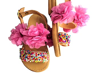 Colorful sandals with beads and flowers, Greek leather sandals with soft sole, Ankle sandals for toddler girl, Baby Flower Girl