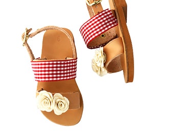 Baby shoes with flowers in red and white ~ Kids sandals made in Greece.
