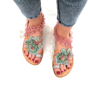 SERIFOS Leather sandals, Sandals women handmade, Sandals women sparkle, Pink sandals, Decorated flat sandals for her,Handmade to order shoes