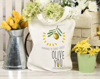 Olive you tote bag/ Eco Cotton tote bag made in Greece.