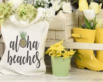 Hawaii tote – Funny tote bag with quote “Aloha beaches” and pineapple graphic makes hippie tote bag gift for women. Pineapple gifts for mom