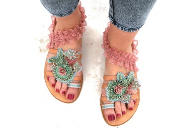 SERIFOS Leather sandals, Sandals women handmade, Sandals women sparkle, Pink sandals, Decorated flat sandals for her,Handmade to order shoes