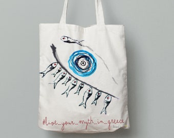 Printed tote bag with Sardines/ Cotton reusable bag designed in Greece.