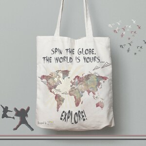 World map tote bag, tote bag canvas quote, gift for travel lover, explore the world, cotton bag tote, traveler gift, travel map of the world image 3