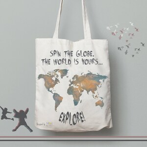 World map tote bag, tote bag canvas quote, gift for travel lover, explore the world, cotton bag tote, traveler gift, travel map of the world image 2