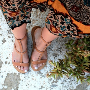 T-Strap Sandals Women Made from 100% Genuine Leather in Greece make comfortable sandals for her / Brown tanned gladiator sandals for woman