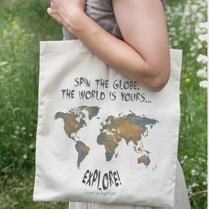 World map tote bag, tote bag canvas quote, gift for travel lover, explore the world, cotton bag tote, traveler gift, travel map of the world image 1