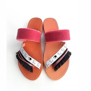 Flat Sandals Leather Handmade decorated sandals with black sheep ribbon and pink velvet. image 1