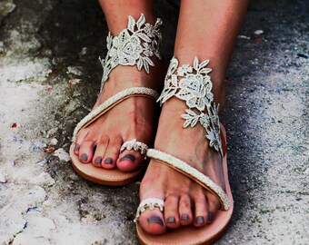 Sandals made in Greece – Greek Sandals Bridal with Lace for Wedding make nice Shoes for Bride and Bridesmaid. Barefoot Sandals for Women.