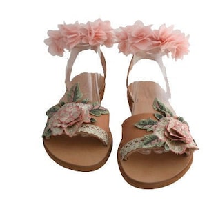 Flower Sandals for Woman, Made to Order, Roses Sandals Leather, Pink Sandals, Romantic Sandals, Decorated Sandals, Greek Leather Sandals