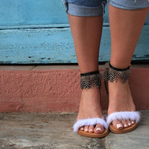 Women Leather Sandals, Feather Fan Sandals, Handmade To Order, Fur Lace Sandals, Women Shoes, Summer Shoes, Sandales Grecques / KIRKI