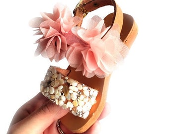 Pink ribbon, Bohemian sandals, Summer sandals, Leather sandals, Summer shoes, Girls sandals, Greek sandals, Flower sandals, Kids sandals