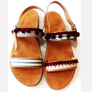 Leather sandals handmade Slip on shoes decorated with pom image 1