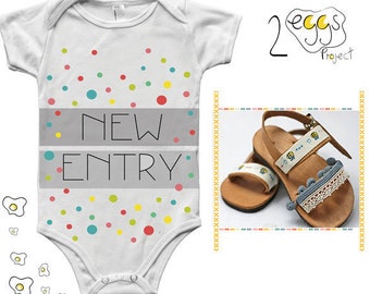 Gift for baby girl coming home - Bodysuit with quote “New entry” and handmade sandals made in Greece make cute baby girl hospital outfit