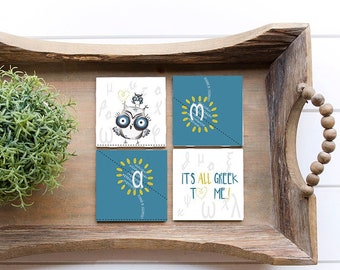 Cork coaster set made in Greece with Greek letters - alpha phi letters / Owl gifts with "all Greek to me" quote/ Gifts for teachers