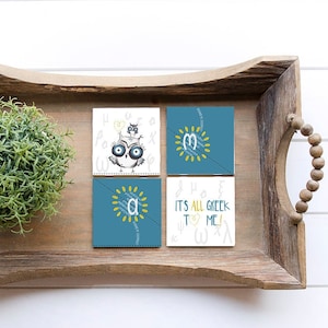 Cork coaster set made in Greece with Greek letters - alpha phi letters / Owl gifts with &quot;all Greek to me&quot; quote/ Gifts for teachers