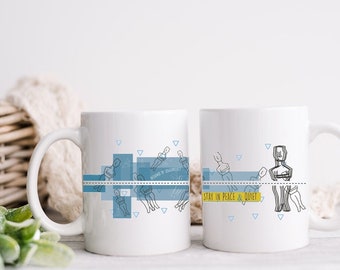 Cycladic Idols Mugs with holder/ Handpainted ceramic Coffee Mug for 2/ Cycladic figurines/Blue ceramic Mugs mum from Greece.