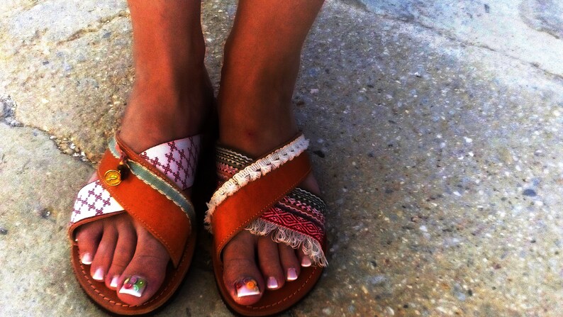 Slide sandals women boho Brown leather sandals boheme make cute summer shoes gift for her. Ancient greek sandals, flat shoes for women image 4