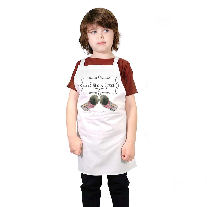 Kids apron personalized made in Greece, TSAROUCHI design on kids apron, Cook like a Greek saying on apron for kids, Greek cuisine lovers image 1