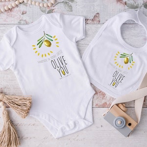 Olive you loves olive me baby set, Set of baby bodysuit and baby bib, Hand drawn baby clothes, Made in Greece, Olive design Greek. image 7