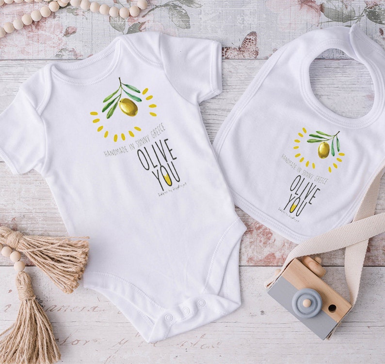 Olive you loves olive me baby set, Set of baby bodysuit and baby bib, Hand drawn baby clothes, Made in Greece, Olive design Greek. image 7