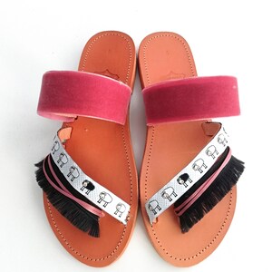 Flat Sandals Leather Handmade decorated sandals with black sheep ribbon and pink velvet. image 2