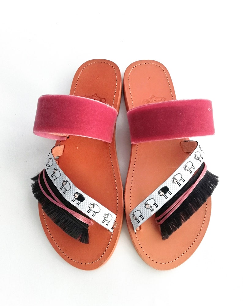 Flat Sandals Leather Handmade decorated sandals with black sheep ribbon and pink velvet. image 2