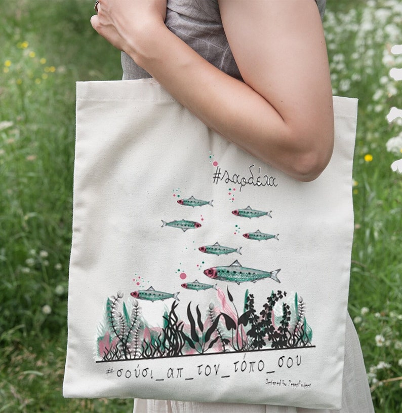 Sushi made in Greece, sushi lovers tote bag, Shoulder bag with sardela design, Sushi tote bag, Handpainted canvas bag image 1