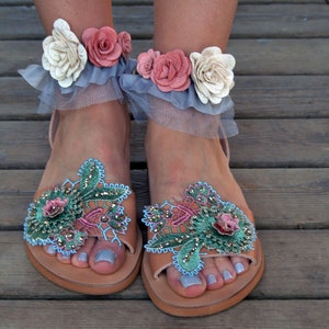 Sandals women leather, Sandals with flowers, Leather Gladiator sandals, Greek sandals, Strap sandals, Sandals woman made in Greece to order