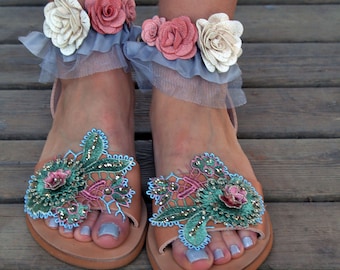 Sandals women leather, Sandals with flowers, Leather Gladiator sandals, Greek sandals, Strap sandals, Sandals woman made in Greece to order