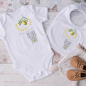 Olive you loves olive me baby set, Set of baby bodysuit and baby bib, Hand drawn baby clothes, Made in Greece, Olive design Greek. image 5