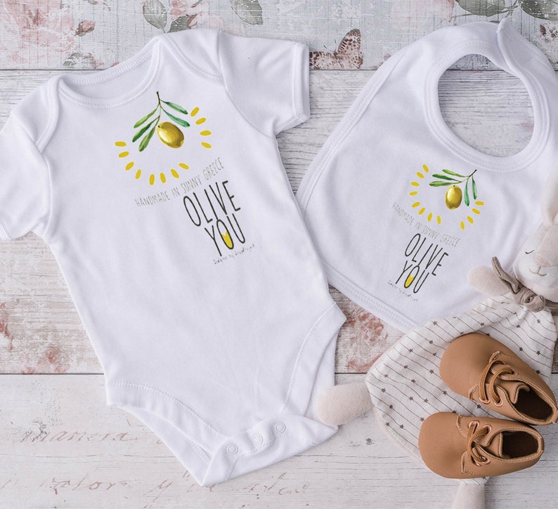 Olive you loves olive me baby set, Set of baby bodysuit and baby bib, Hand drawn baby clothes, Made in Greece, Olive design Greek. image 5