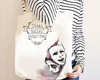 Beach bag tote canvas – Athens print tote craft bag with quote “Drama queen’s hometown” and drama mask graphic make funny actress gift