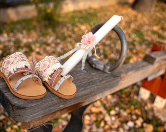 Greek Easter Lampada for Young Girl with leather sandals, Handmade sandals for girl, Gift for goddaughter, Easter gift for girls