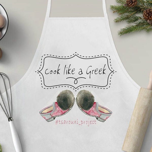 Greek apron cooking gifts with tsarouchi design / Griechische Schürze in Greek letters / Cook like a Greek quote for Greek cuisine lovers .