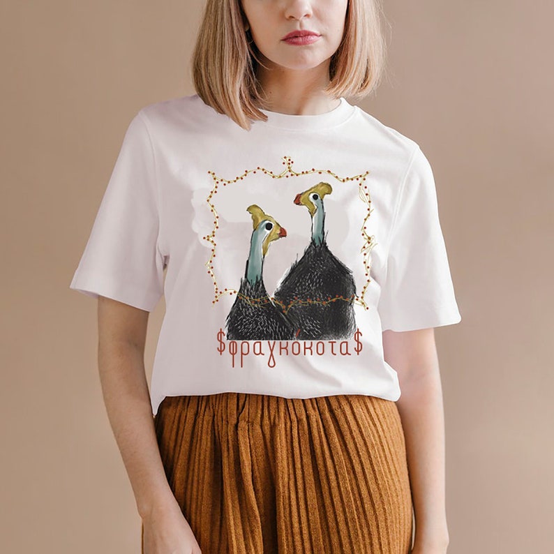 Guinea fowl tee, Fragkokota tshirt for her, Made in Greece, Tshirt with Greek letters, Hand painted tee, Gift for her from Greece image 6