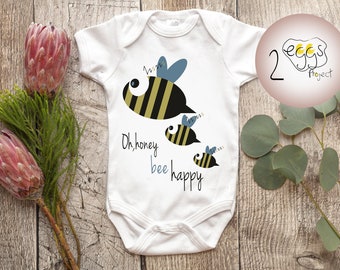 Bodysuit baby bee – Made in Greece handmade bodysuit with saying “Honey bee happy” and bees graphic makes cute outfit for infant boy gift