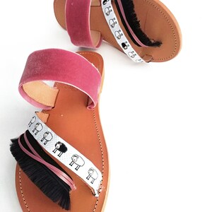 Flat Sandals Leather Handmade decorated sandals with black sheep ribbon and pink velvet. image 4